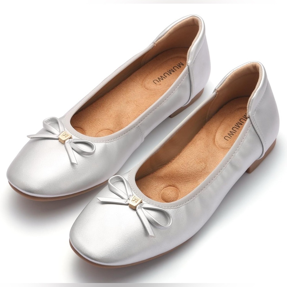 Mumuwu Silver Ballet Flats Womens Size 8.5 Memory Foam Comfort Shoes